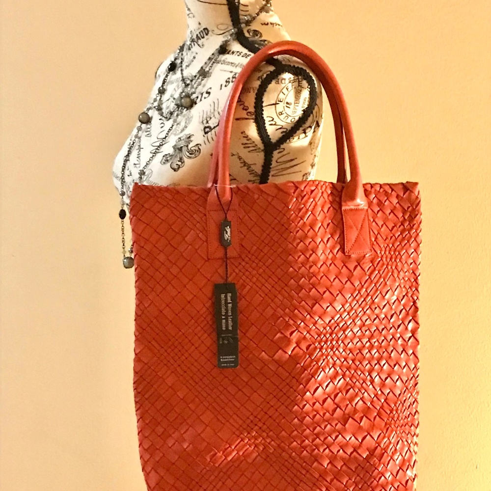 Falor Designer Hand Woven Red Leather Tote
